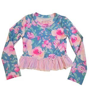 Cheeky Plum Girls Long Sleeve Rash Guard 5T Blue Pink Floral Ruffle Hem top